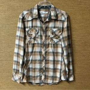 BKE Shirt Men's Large Tailored Fit Orange Gray White Plaid